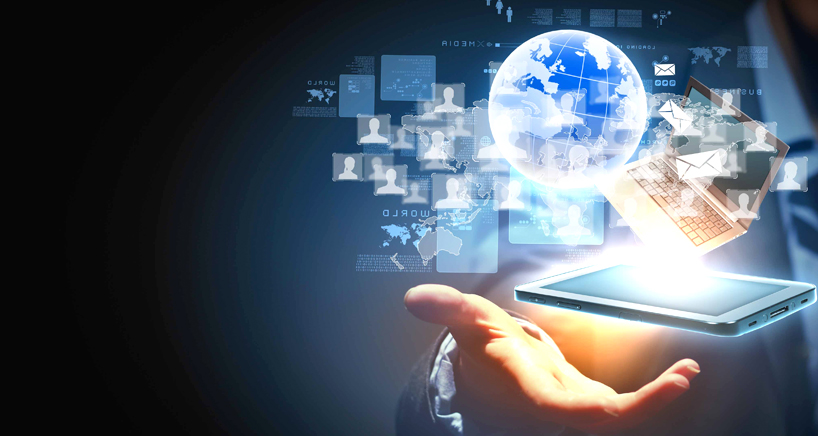 A hand holding a tablet with a glowing globe and network icons above it